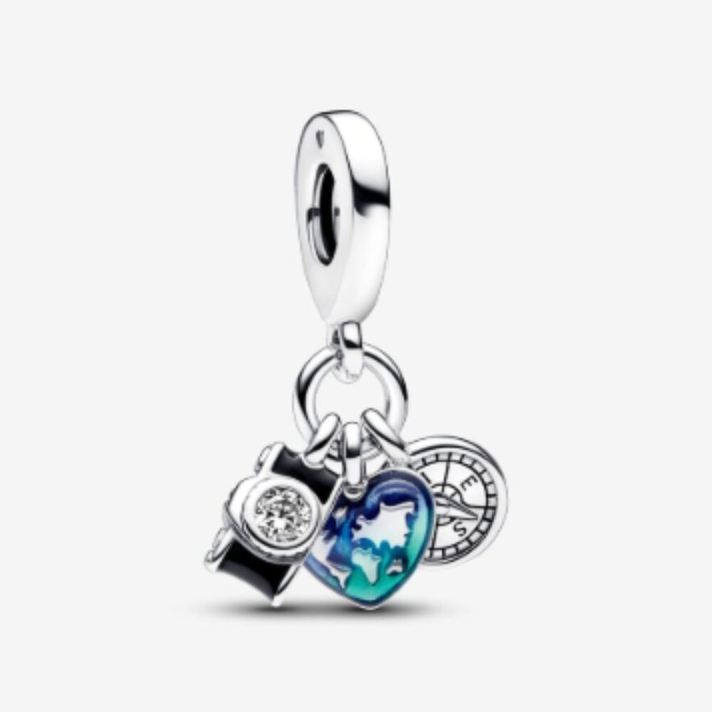 925 Silver Camera, Heart, and Compass Triple Dangle Charm